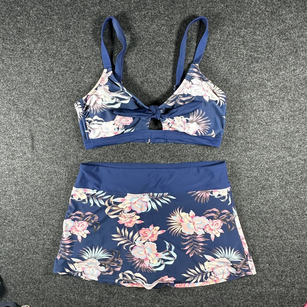 Heat Womens Blue Tropical Floral Bikini Top and Swim Skirt Set Size Medium